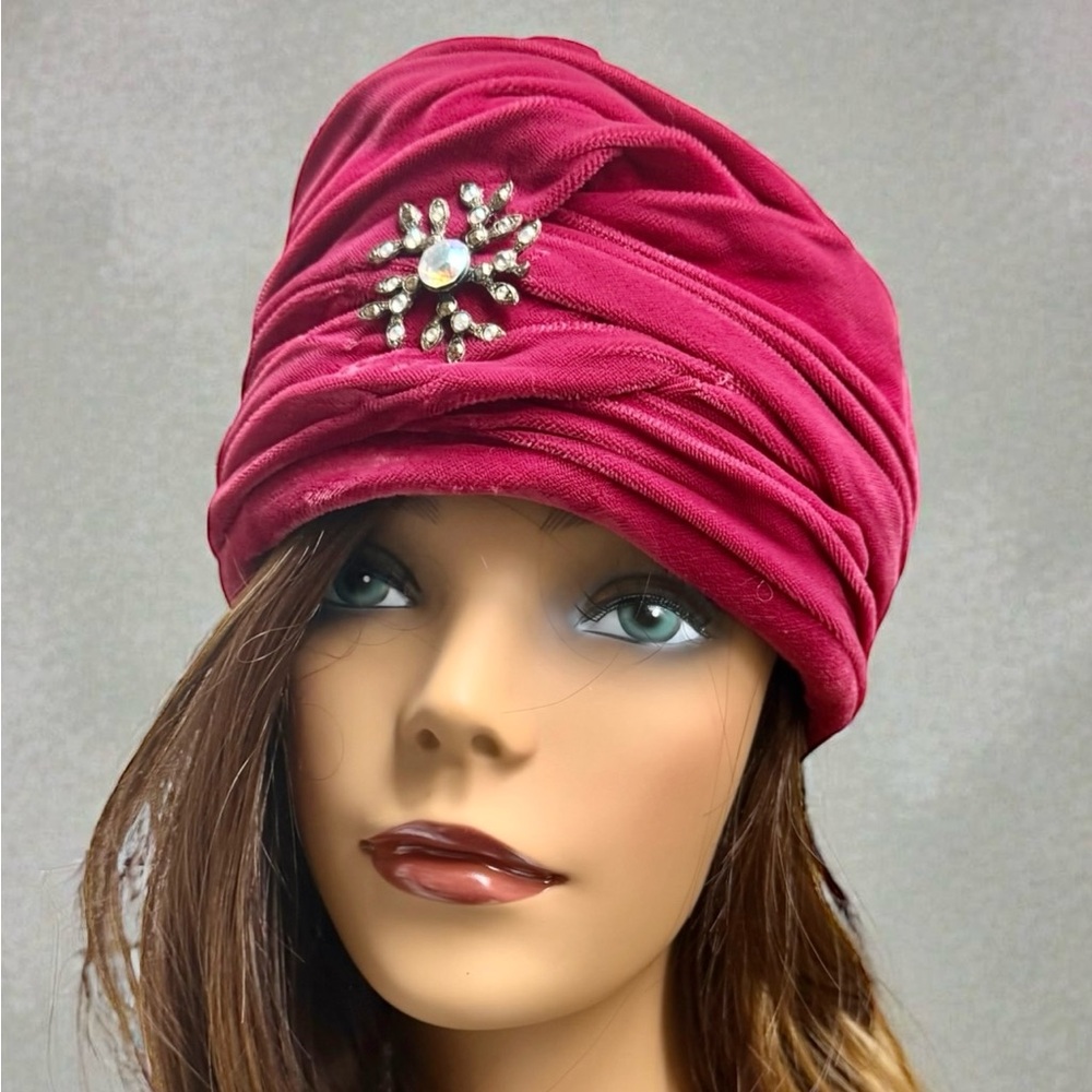 1960s Raspberry Red Vintage Velvet Turban Hat with Jewel Accent - Picture 3 of 14